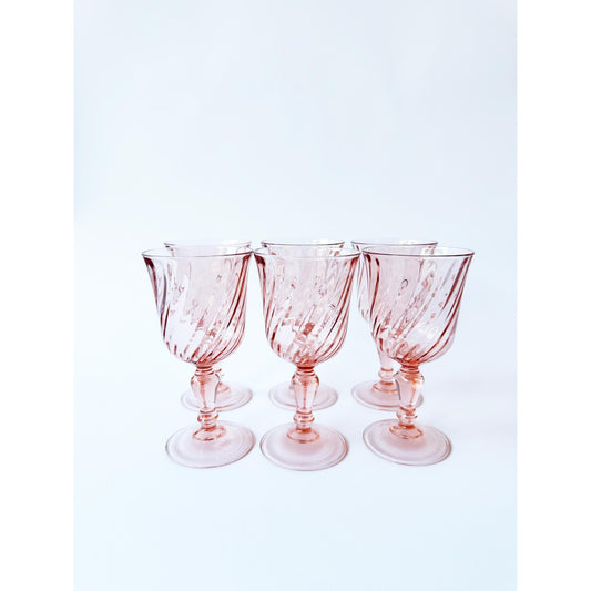 Vintage Pink Glass Twist Set of 6 Glassware | Classic Light Pink Wine Glass