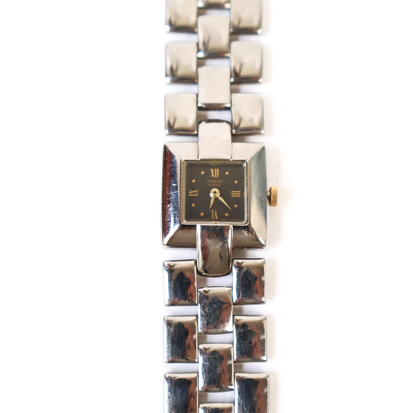 Vintage Silver Watch with Black Square Face | PULSAR