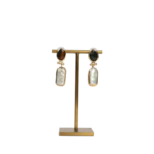 Eclectic Inventory Gold Toned Natural Stone Drop Earrings | Agate and Baroque Pearl Style