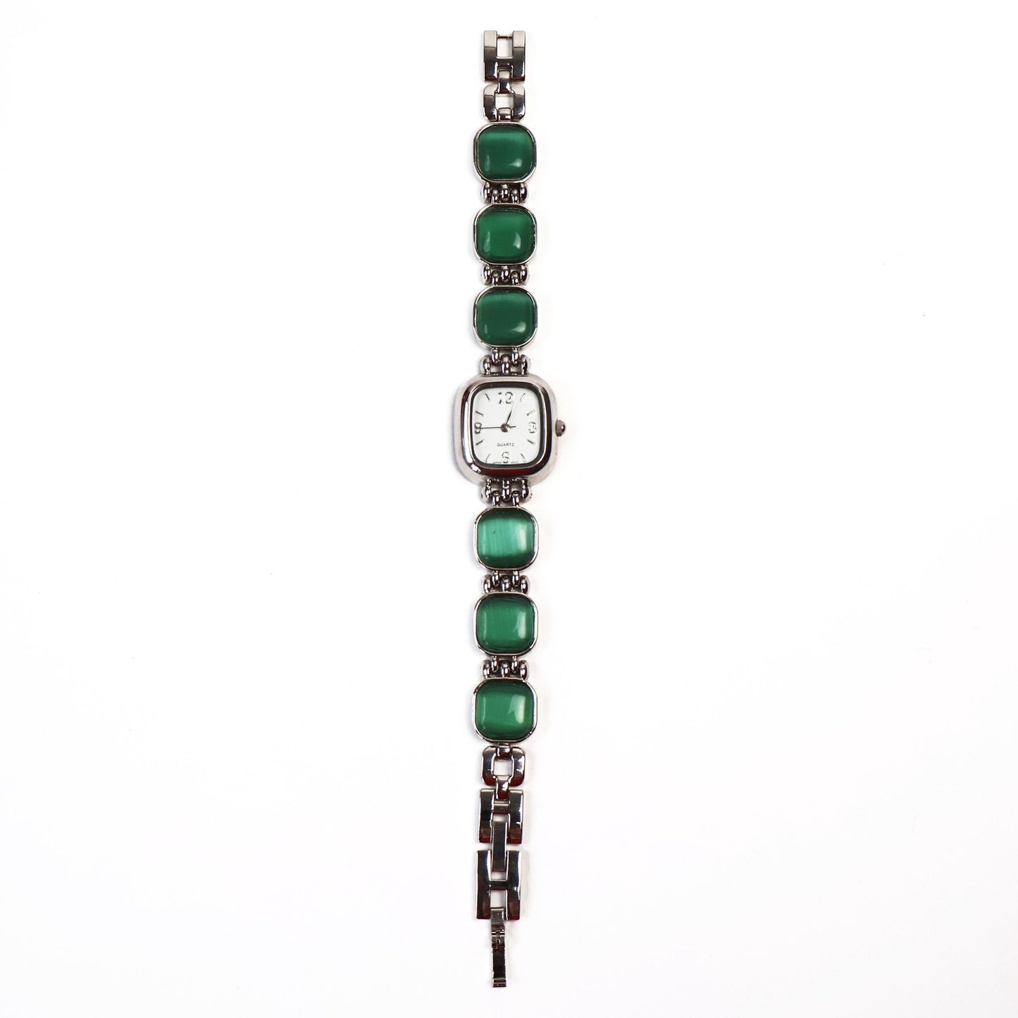 Vintage Silver and Green Watch with White Square Face | QUARTZ