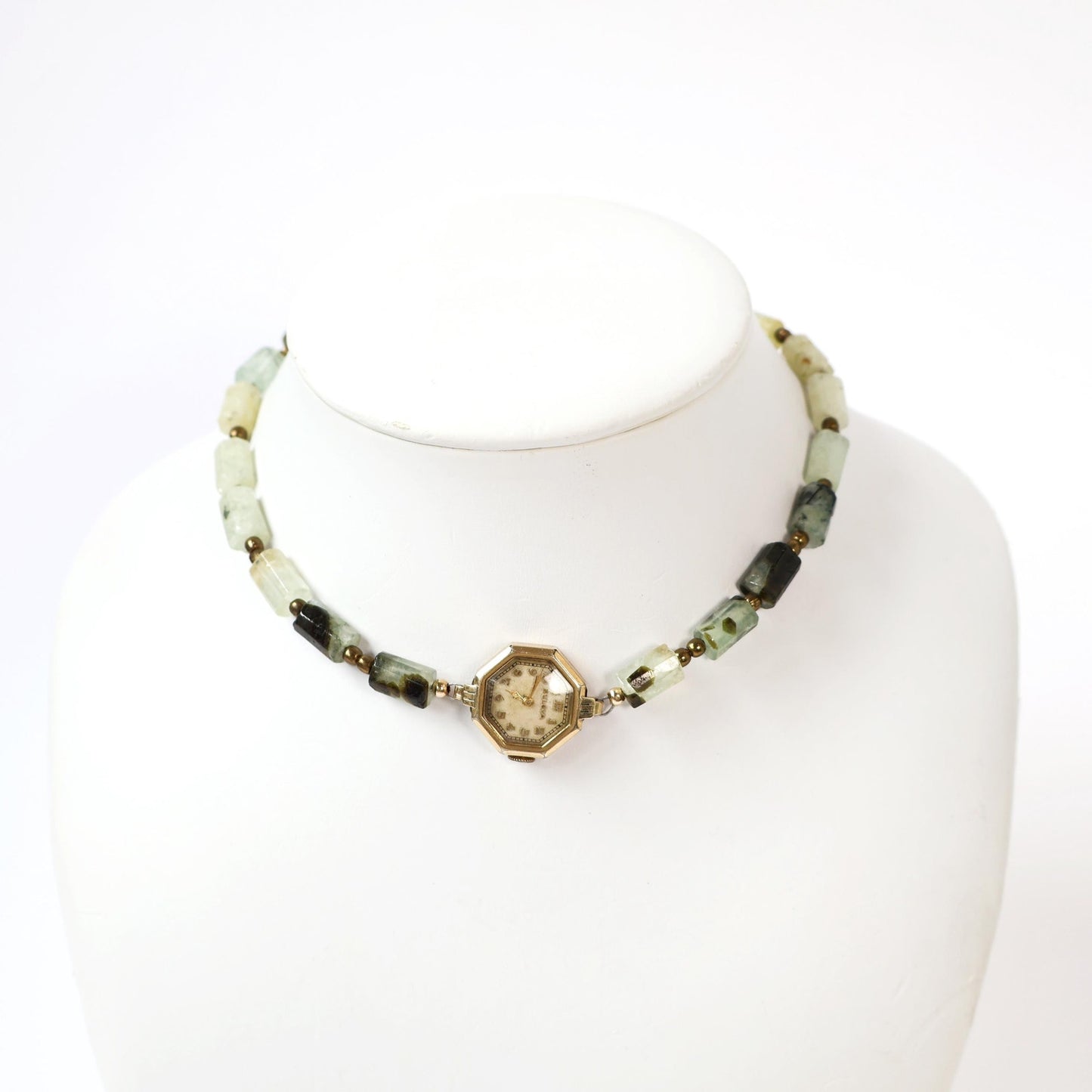 Reworked Prehnite Choker Necklace with Vintage Watch Face (Nonworking) | BULOVA