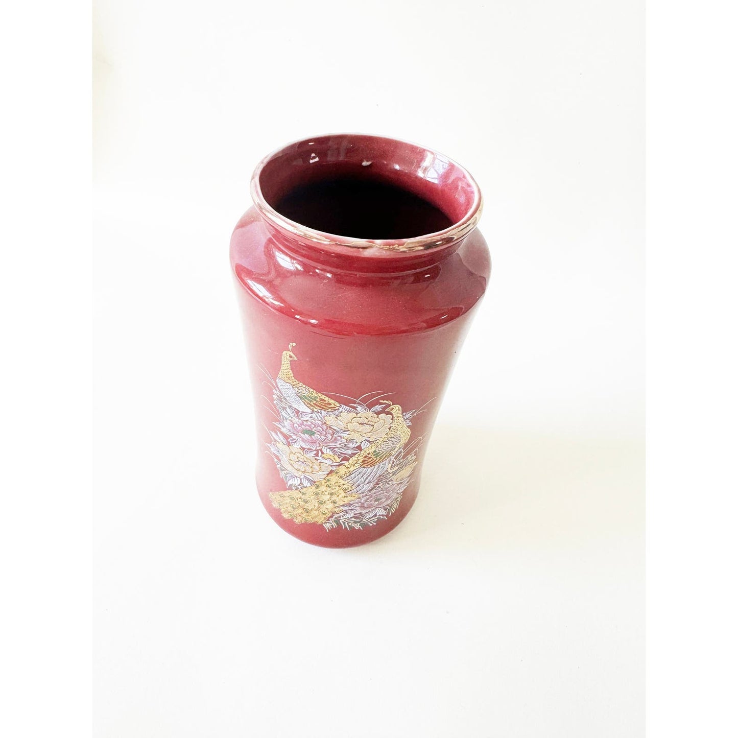 Vintage Maroon Ceramic Peacock Vase