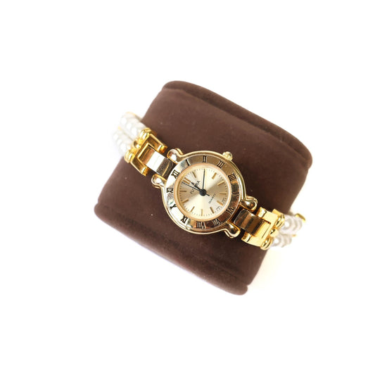 Vintage Pearl and Gold Watch with Gold Round Face | FUTURA