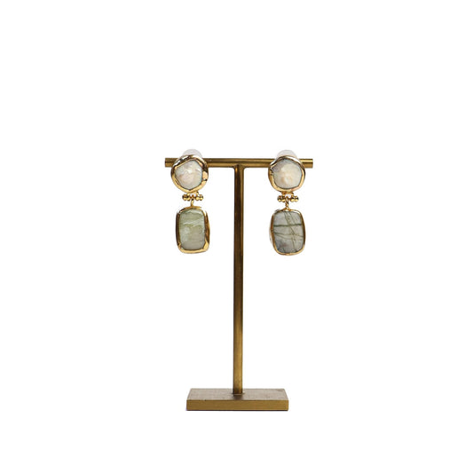 Eclectic Inventory Gold Toned Natural Stone Drop Earrings | Baroque Pearl and Agate Style