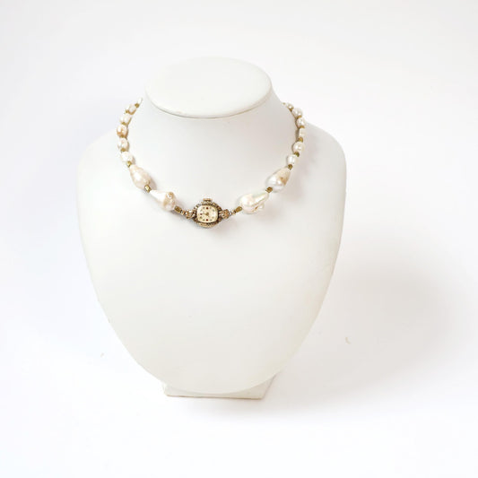 Reworked Gold and Pearl Choker Necklace with Vintage Watch Face (Nonworking) | PICARD