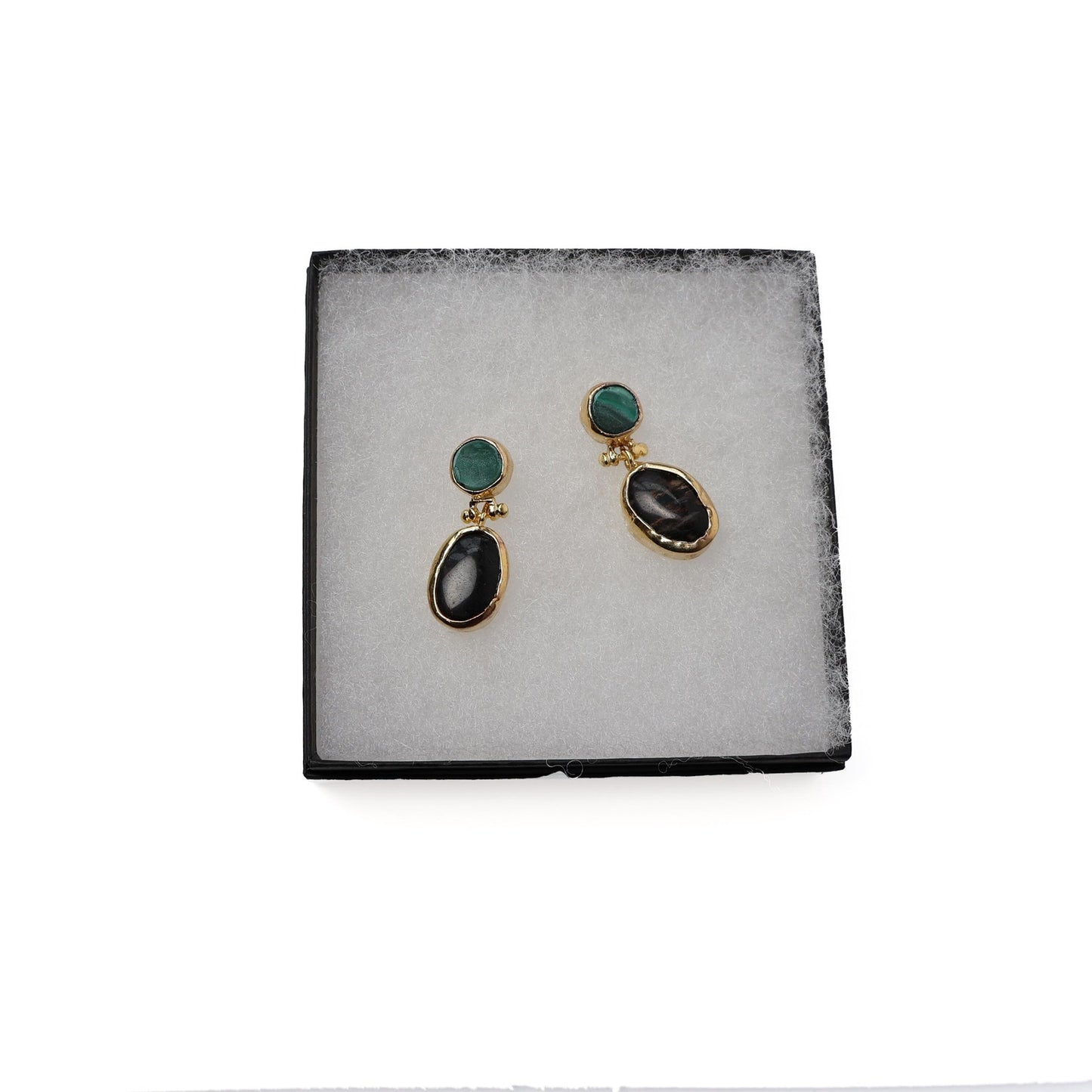 Eclectic Inventory Gold Toned Natural Stone Drop Earrings | Malachite and Onyx Style