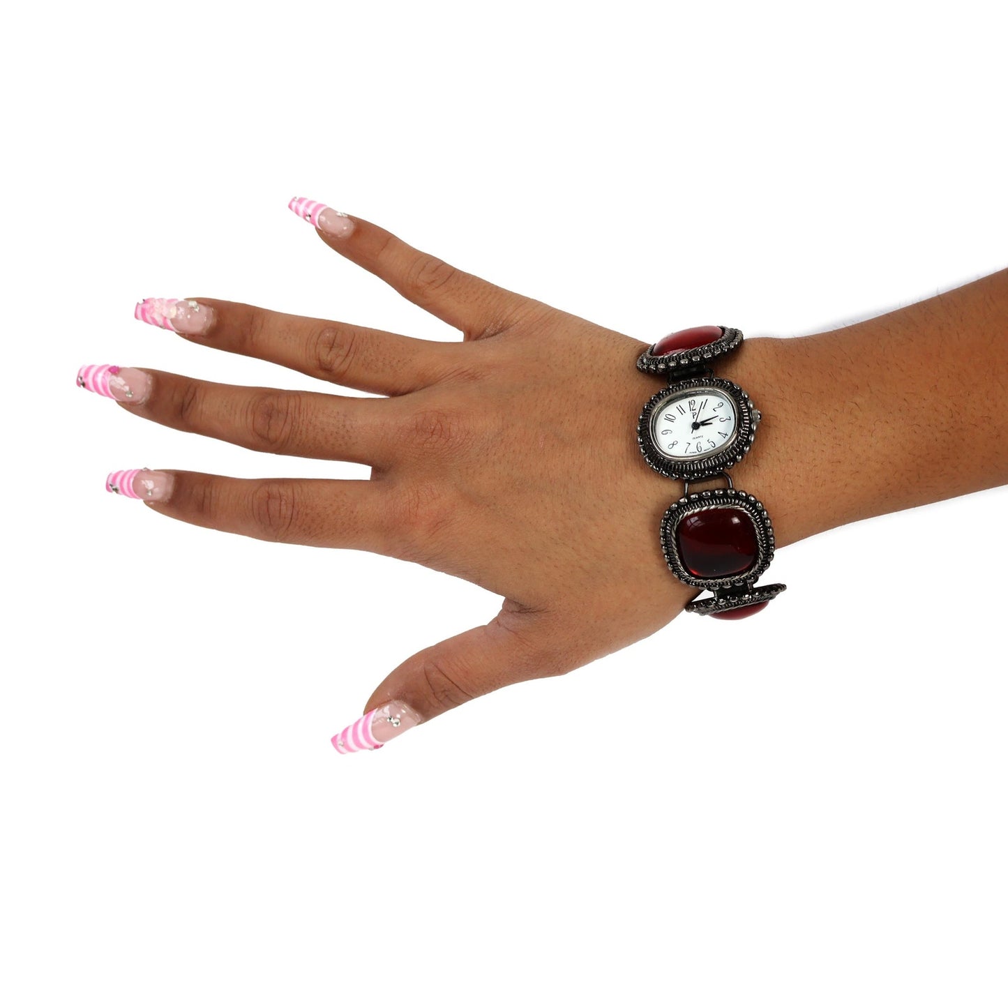 Vintage Silver and Red Watch with White Rectangle Face | QUARTZ