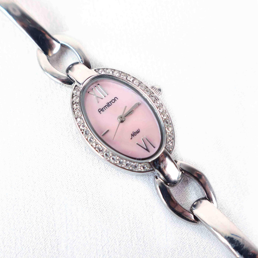 Vintage Silver Armitron Watch with Pink Oval Face, Japanese Movement