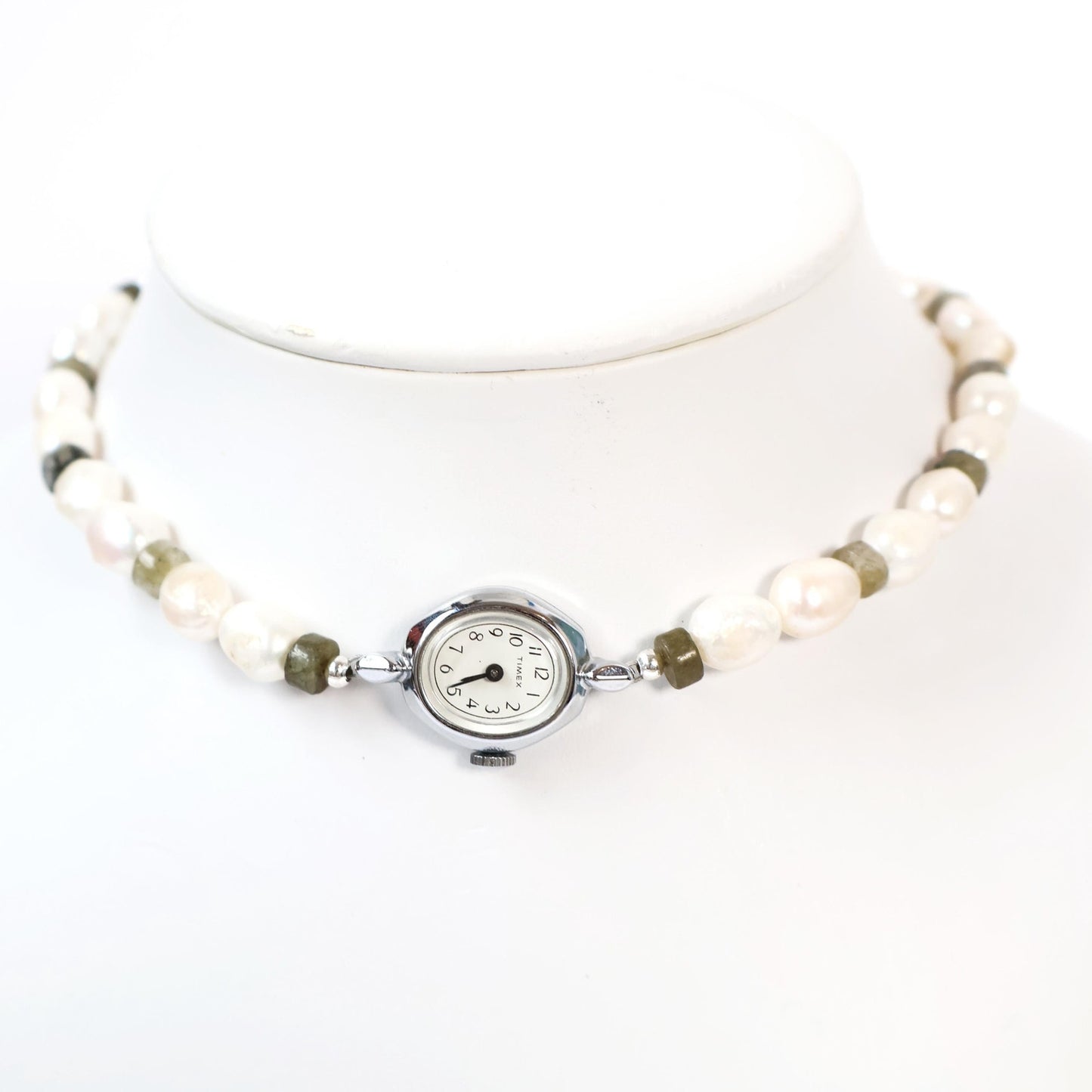 Reworked Labradorite and Pearl Choker Necklace with Vintage Watch Face (Nonworking) | TIMEX