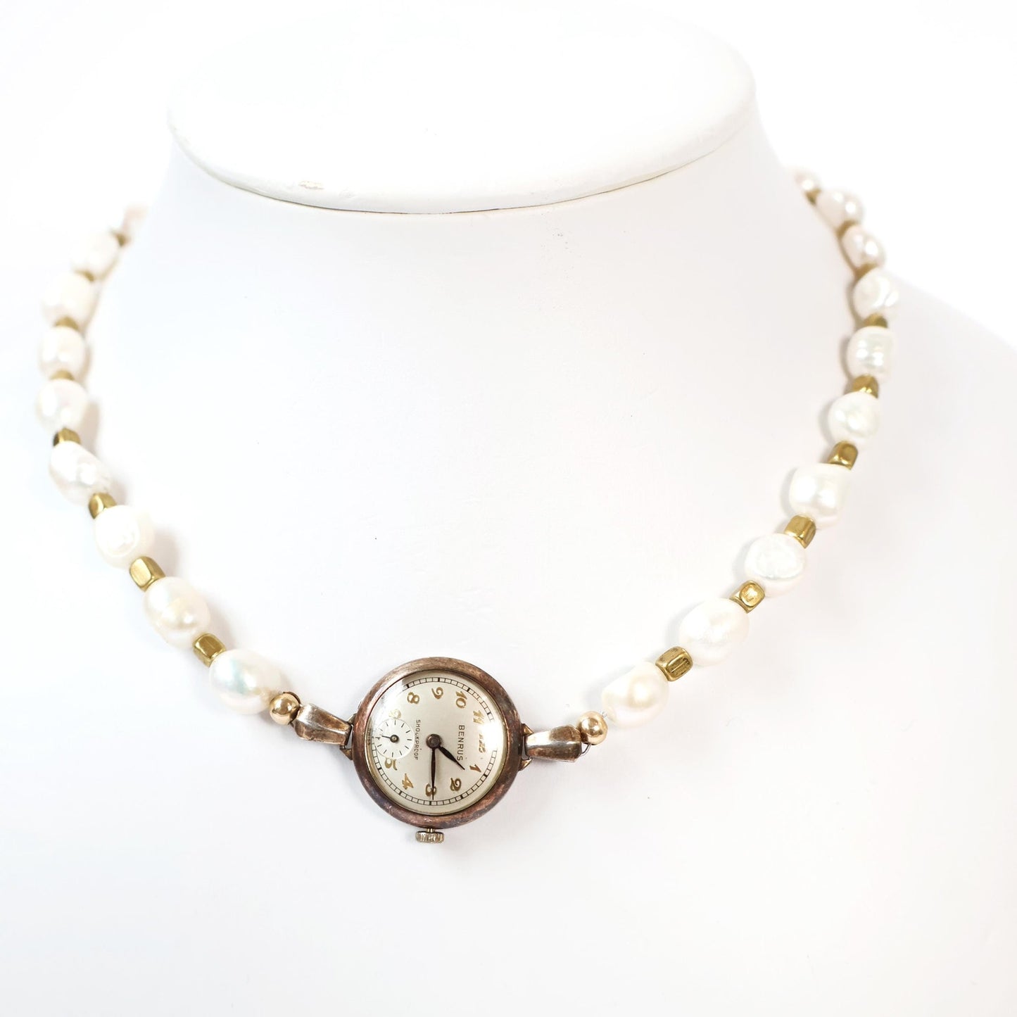 Reworked Gold and Pearl Choker Necklace with Vintage Watch Face (Nonworking) | BENRUS