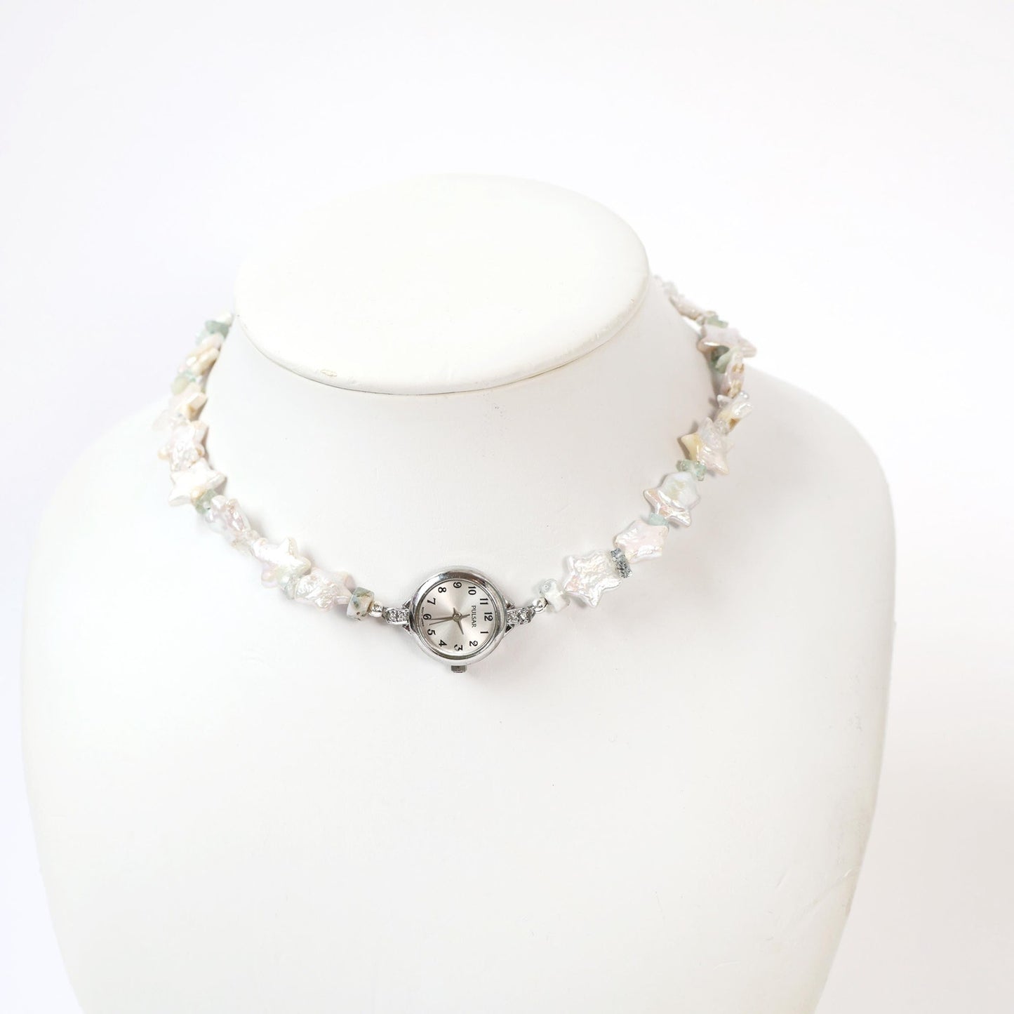 Reworked Star Pearl and Blue Crystal Choker Necklace with Vintage Watch Face (Working) | PULSAR
