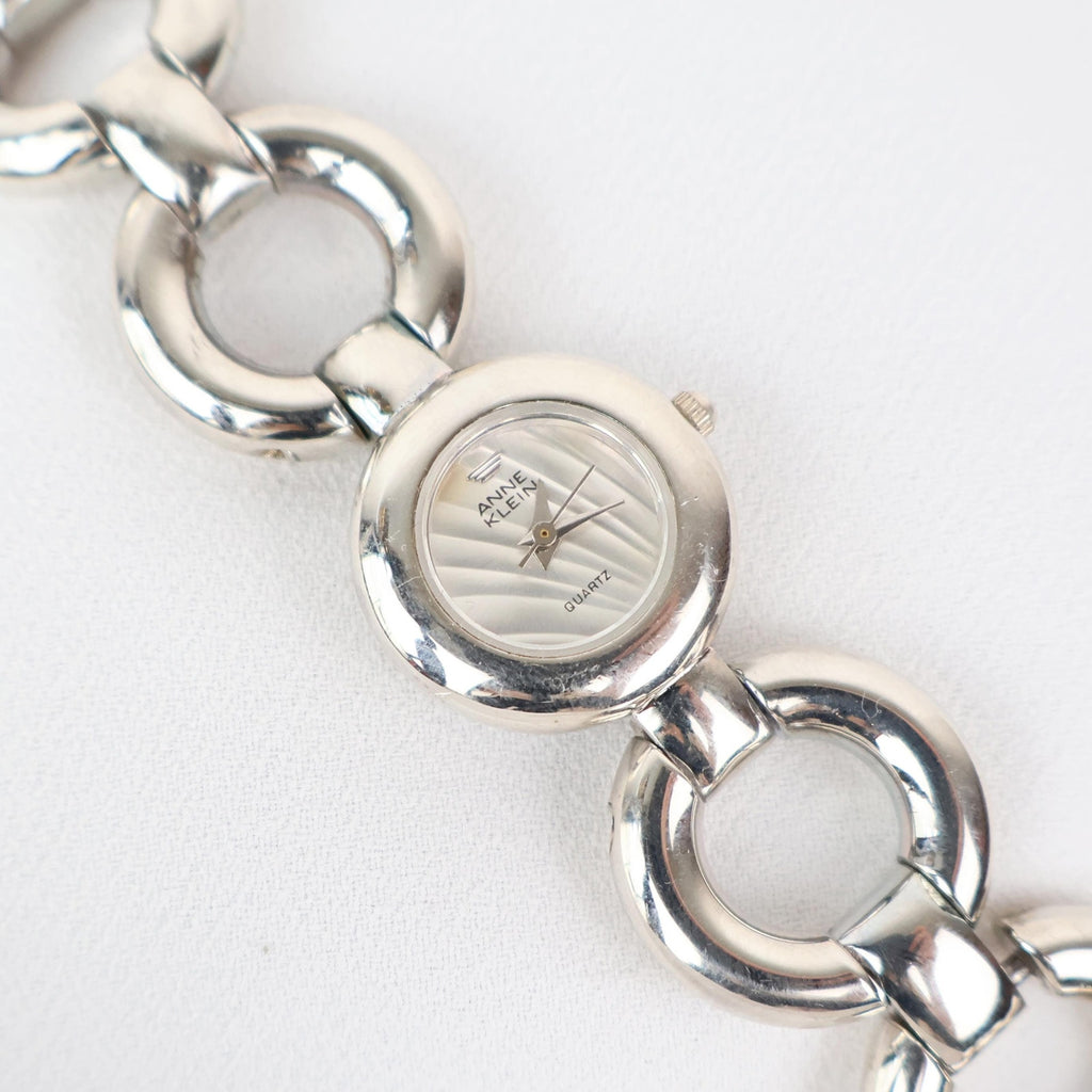 Vintage Silver Anne Klein Watch with Circle Face and Chain