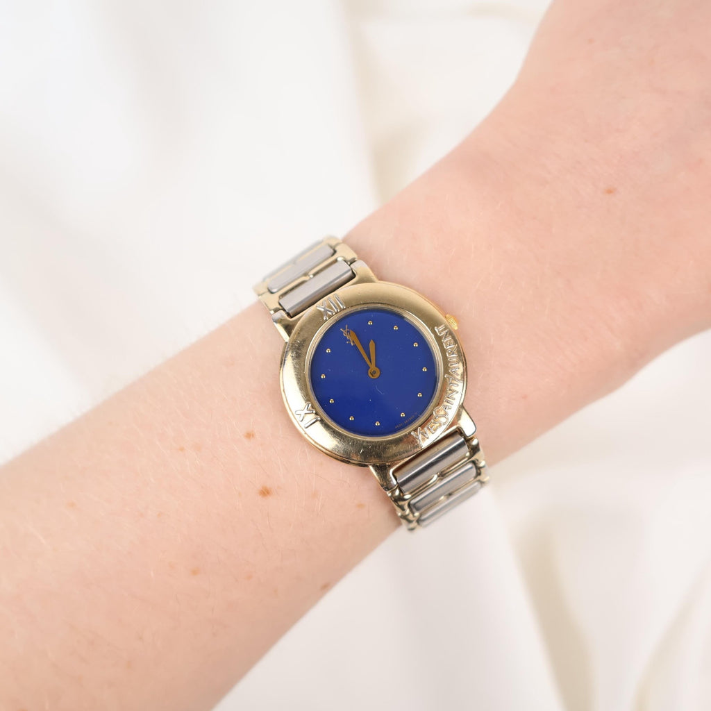 Stunning Two Tone Vintage YSL Watch with Yves Blue Face