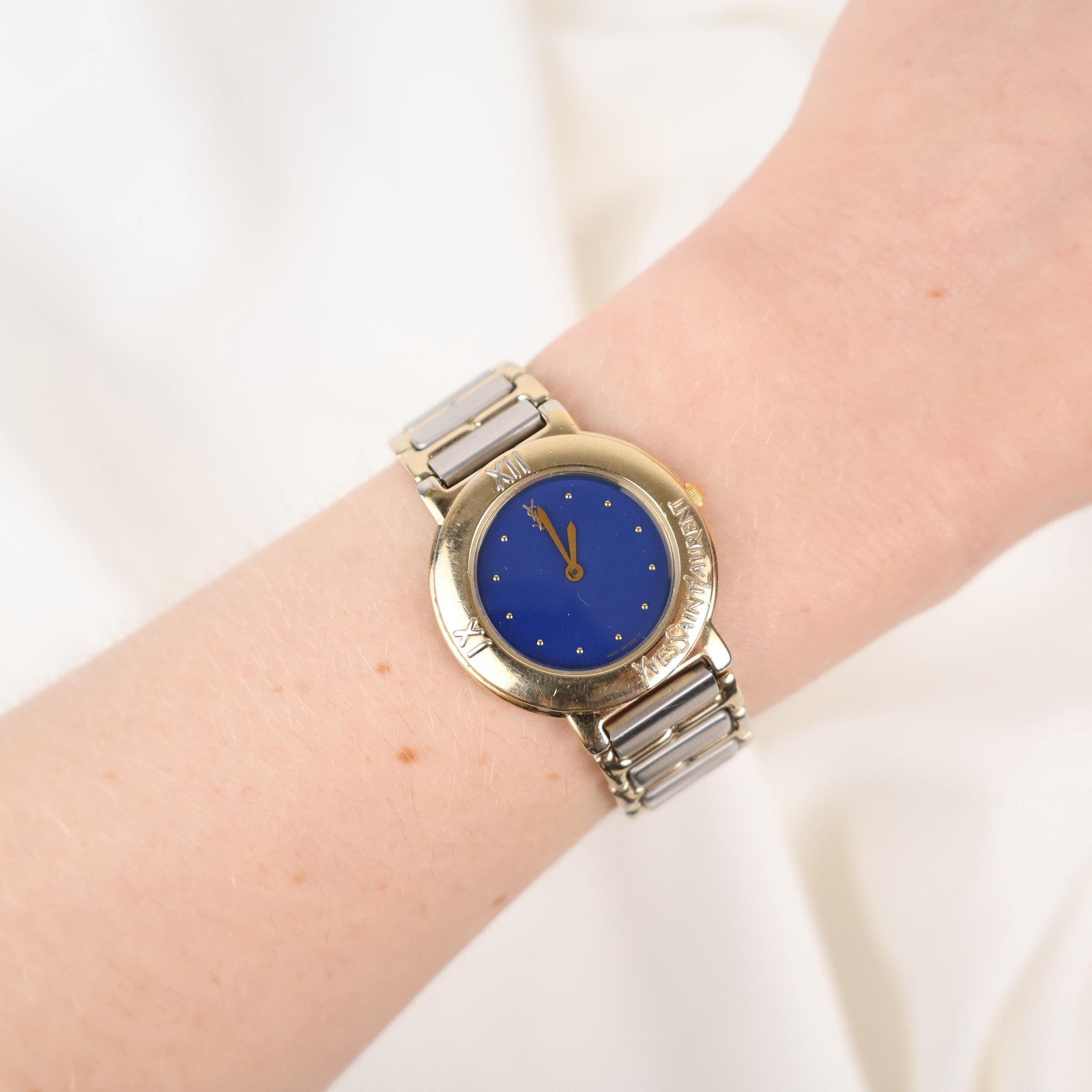 Stunning Two Tone Vintage YSL Watch with Yves Blue Face