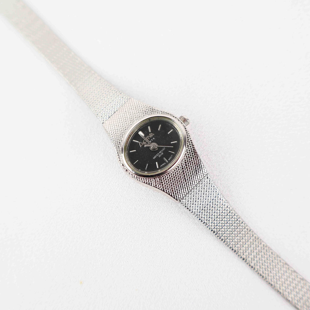 Vintage Activa Silver Tone Quartz Watch with Black Face
