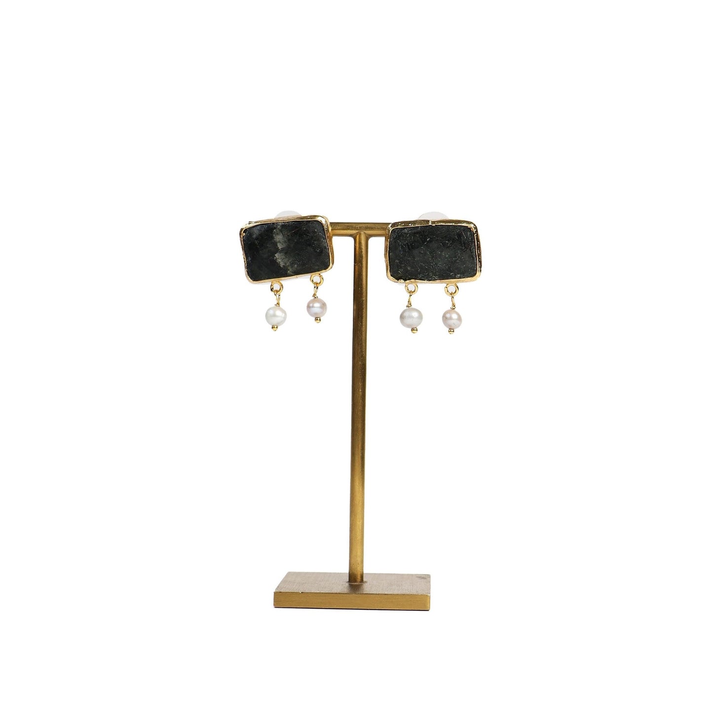 Eclectic Inventory Gold Toned Natural Stone Earrings with Pearl Drop | Jasper Style