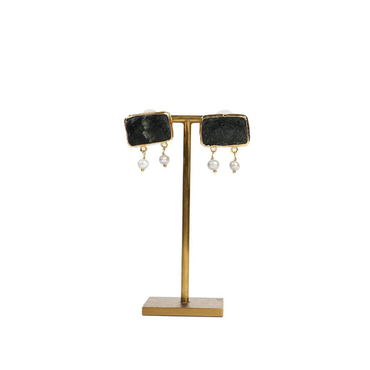 Eclectic Inventory Gold Toned Natural Stone Earrings with Pearl Drop | Jasper Style