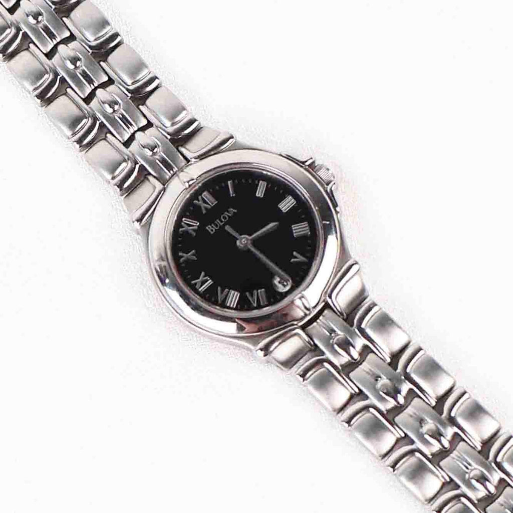 Vintage Silver Tone Bulova Watch with Round Black Watch Face