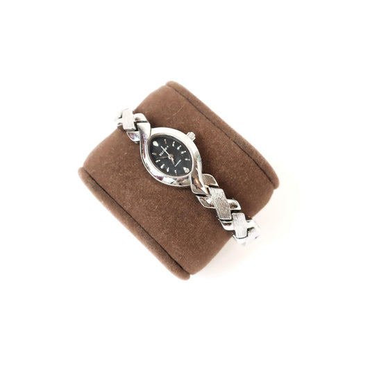 Vintage Silver Watch with Black Oval Face | ELGIN