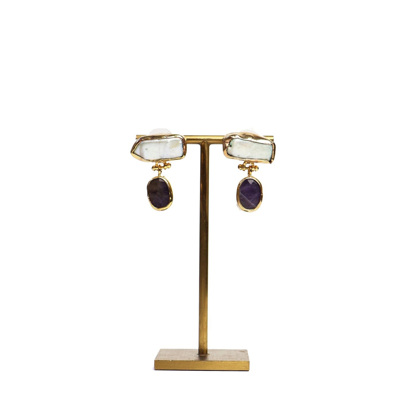 Eclectic Inventory Gold Toned Natural Stone Drop Earrings | Pearl and Amethyst Style