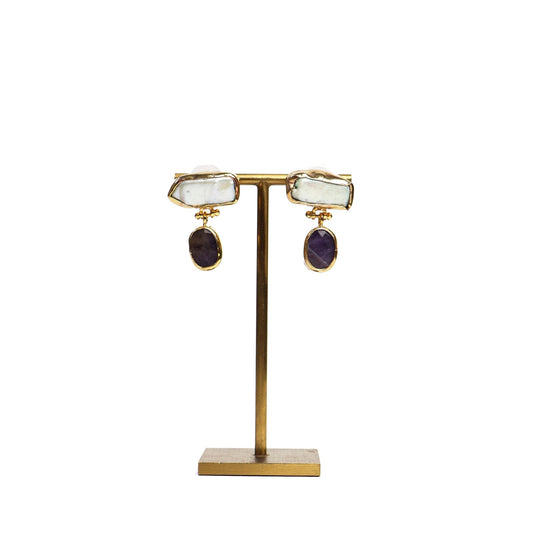 Eclectic Inventory Gold Toned Natural Stone Drop Earrings | Pearl and Amethyst Style