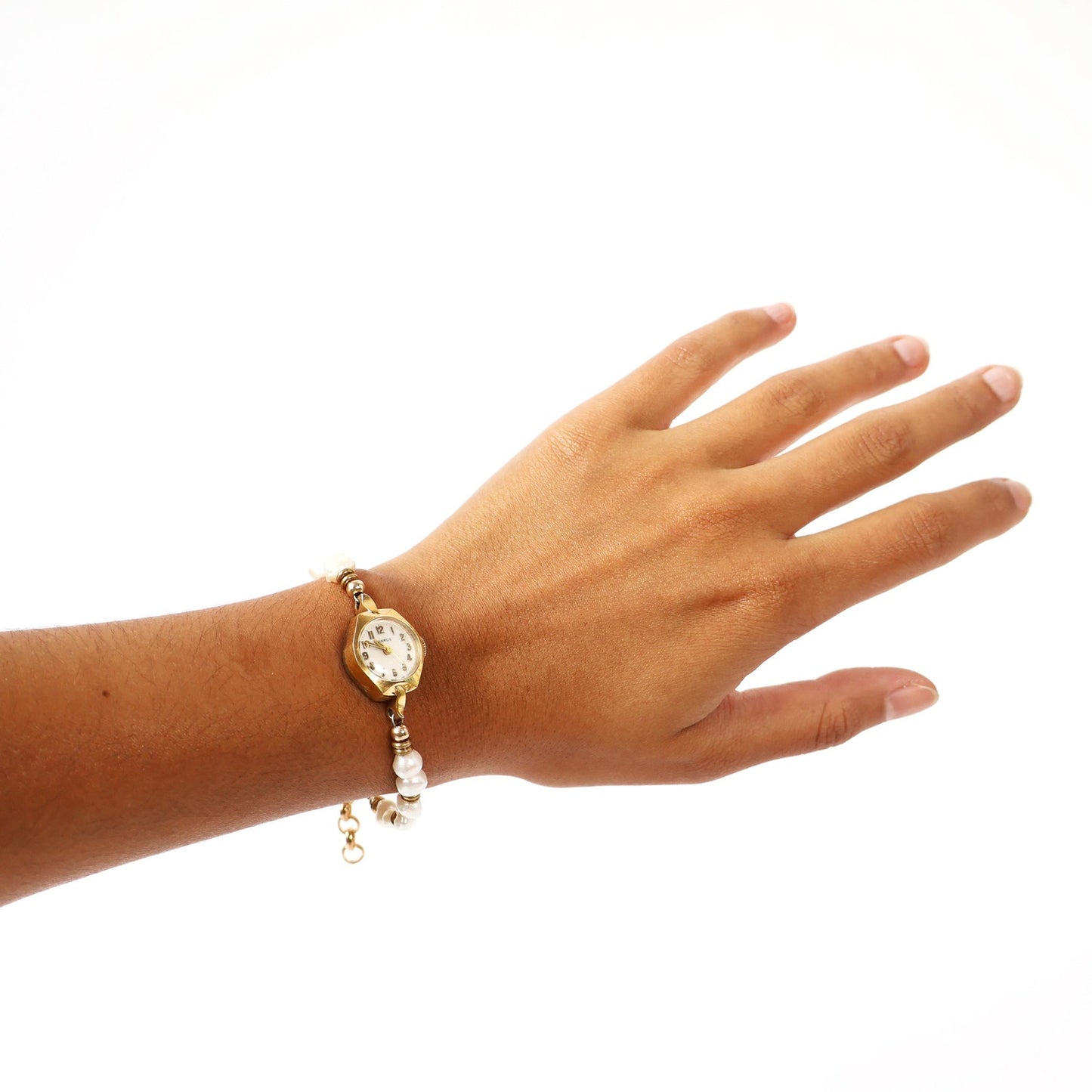 Reworked Freshwater Pearl and Gold Bracelet with Vintage Watch Face (Nonworking) | BENRUS
