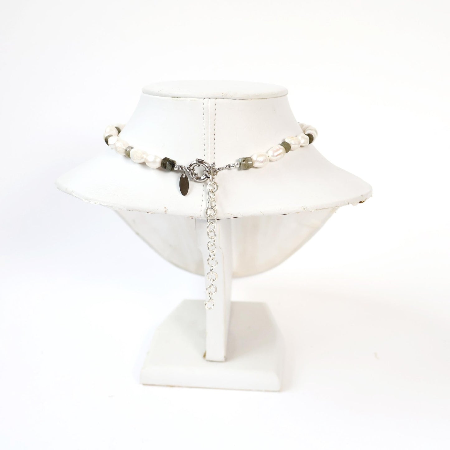 Reworked Labradorite and Pearl Choker Necklace with Vintage Watch Face (Nonworking) | TIMEX