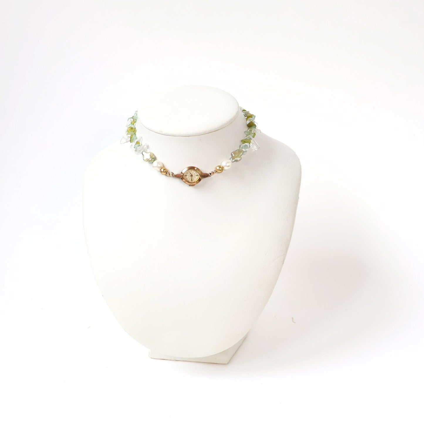 Reworked Gemstone and Freshwater Pearl Choker Necklace with Vintage Watch Face (Nonworking) | BENRUS