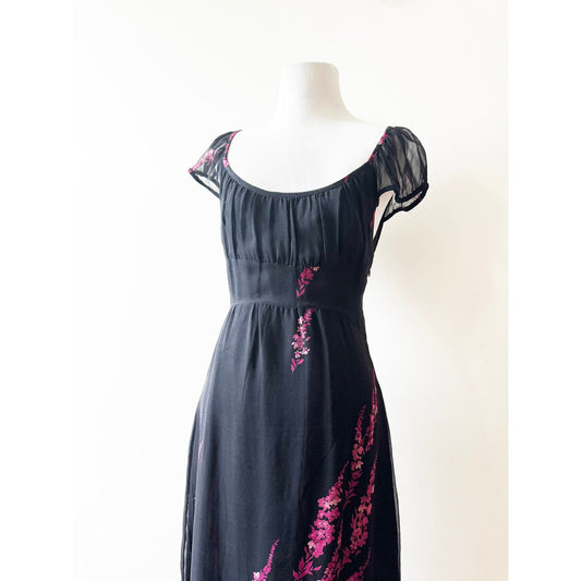 Y2k ANNA SUI Classic Black Floral Dress with Shoulder Poof | Size 2