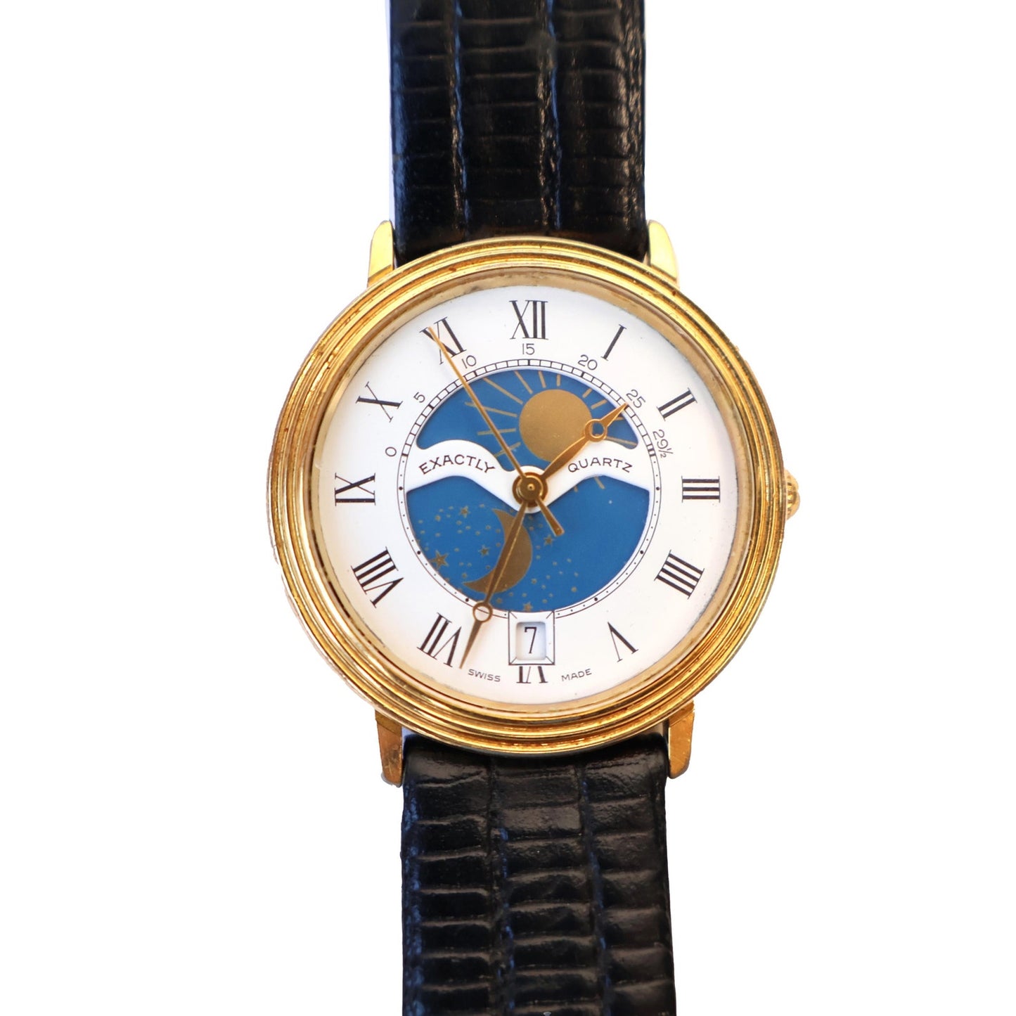 Vintage Gold Tone Day and Night Circle Face Watch with Leather Band | EXACTLY