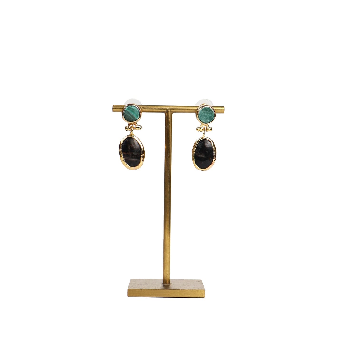 Eclectic Inventory Gold Toned Natural Stone Drop Earrings | Malachite and Onyx Style