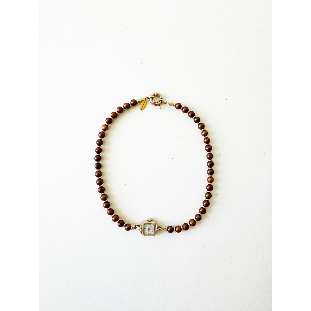 Watch Necklace | Vintage One of a Kind Purple Pearl Watch Choker 10K Gold Face