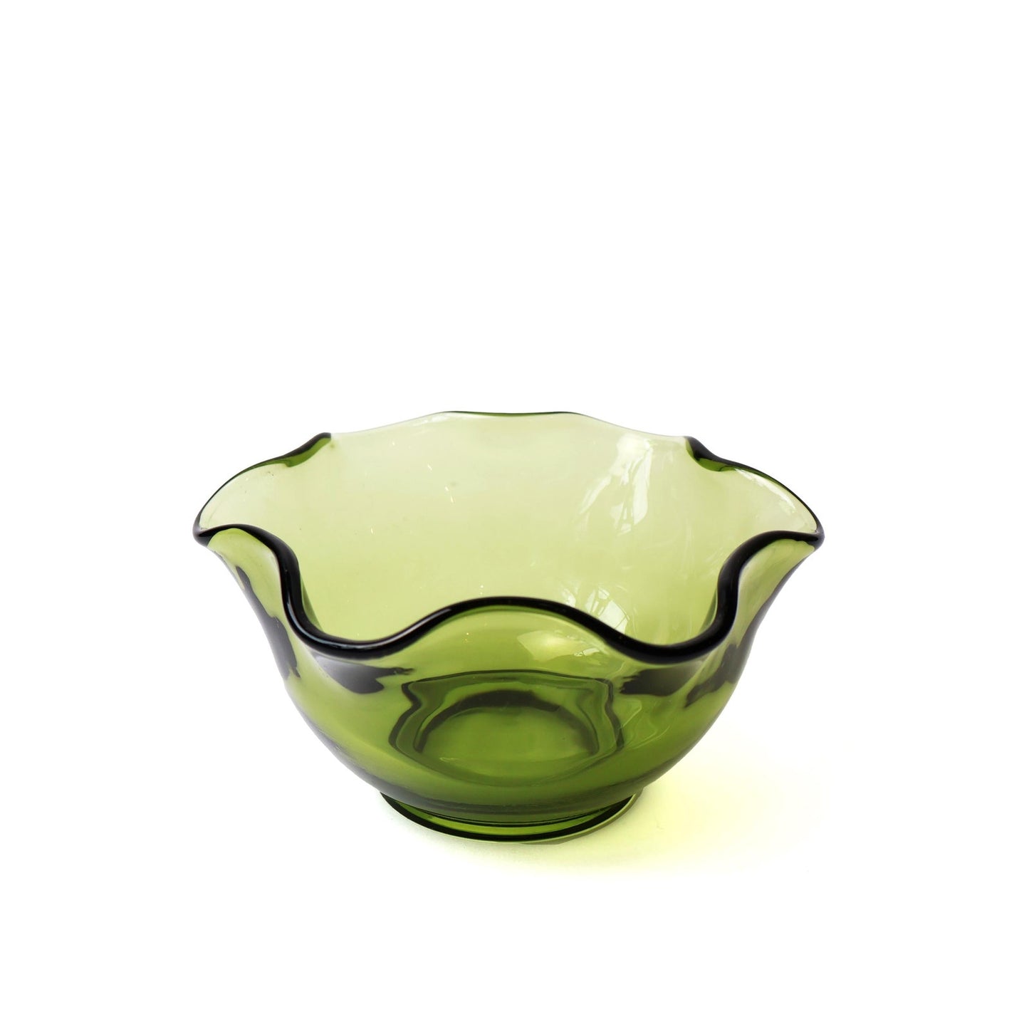 Vintage Green Glass Ring Dish | Lettuce Edge Design Decorative Bowl