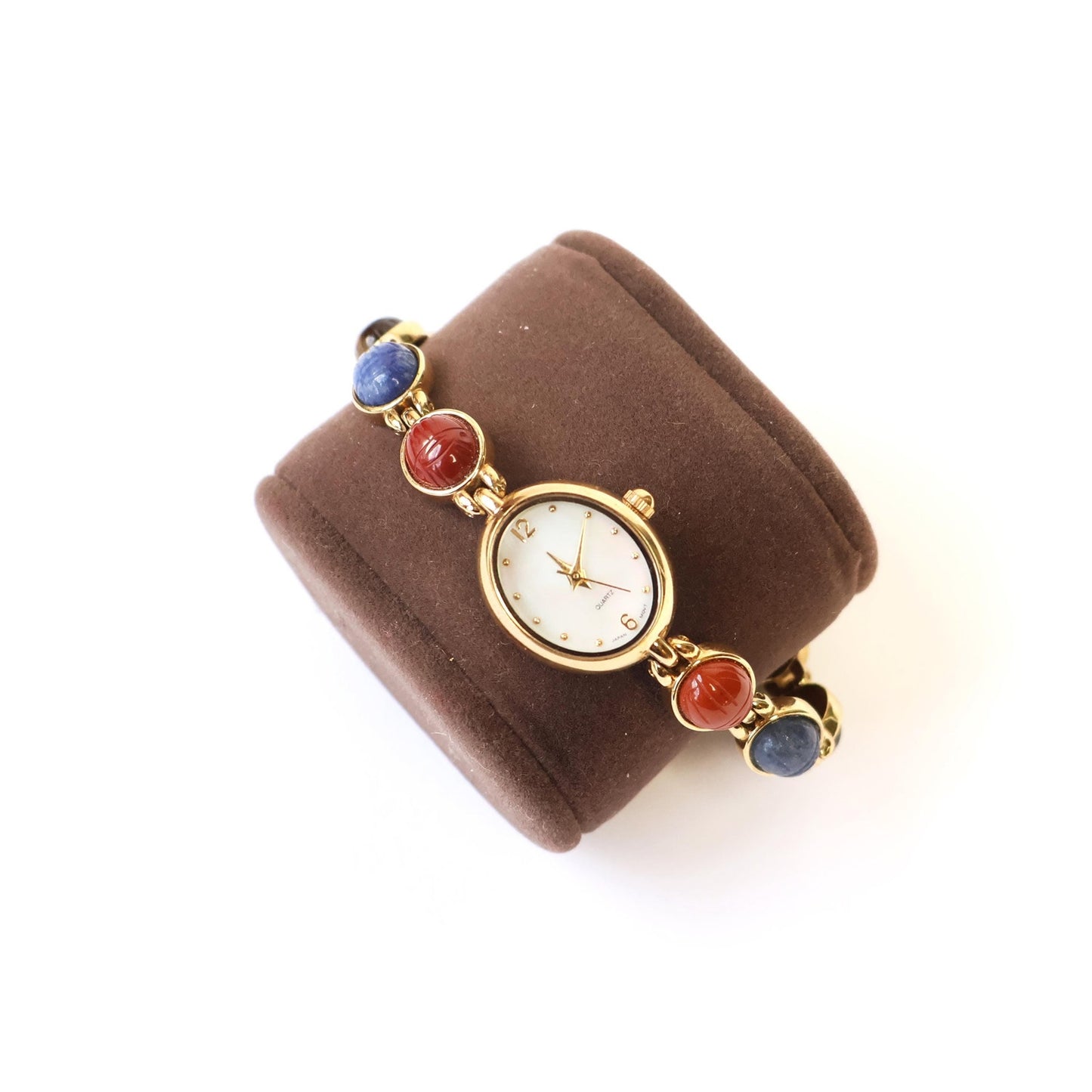 Vintage Gold Toned Scarab Watch with White Oval Face | QUARTZ