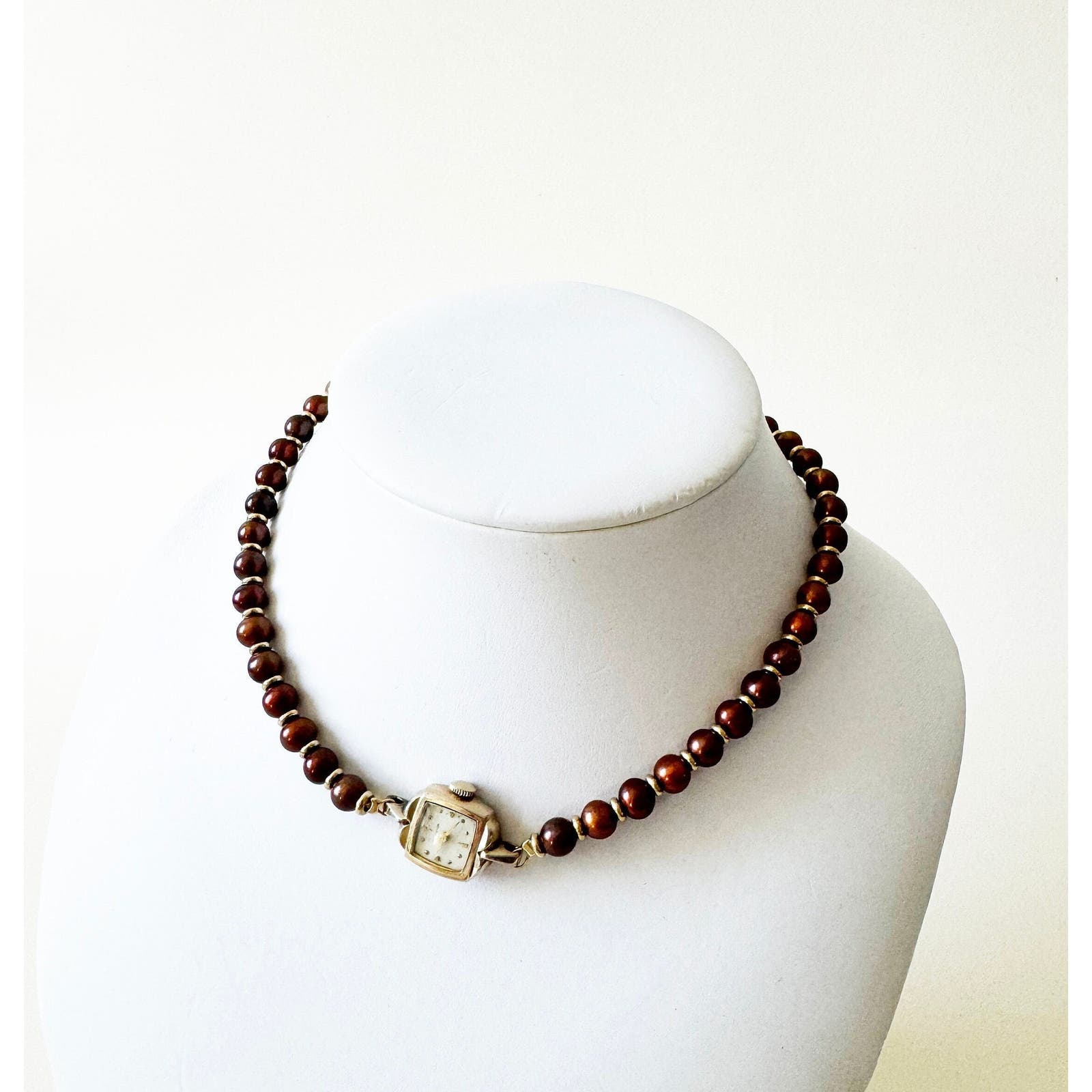 Watch Necklace | Vintage One of a Kind Purple Pearl Watch Choker 10K Gold Face
