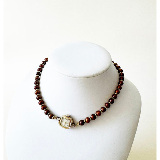 Watch Necklace | Vintage One of a Kind Purple Pearl Watch Choker 10K Gold Face