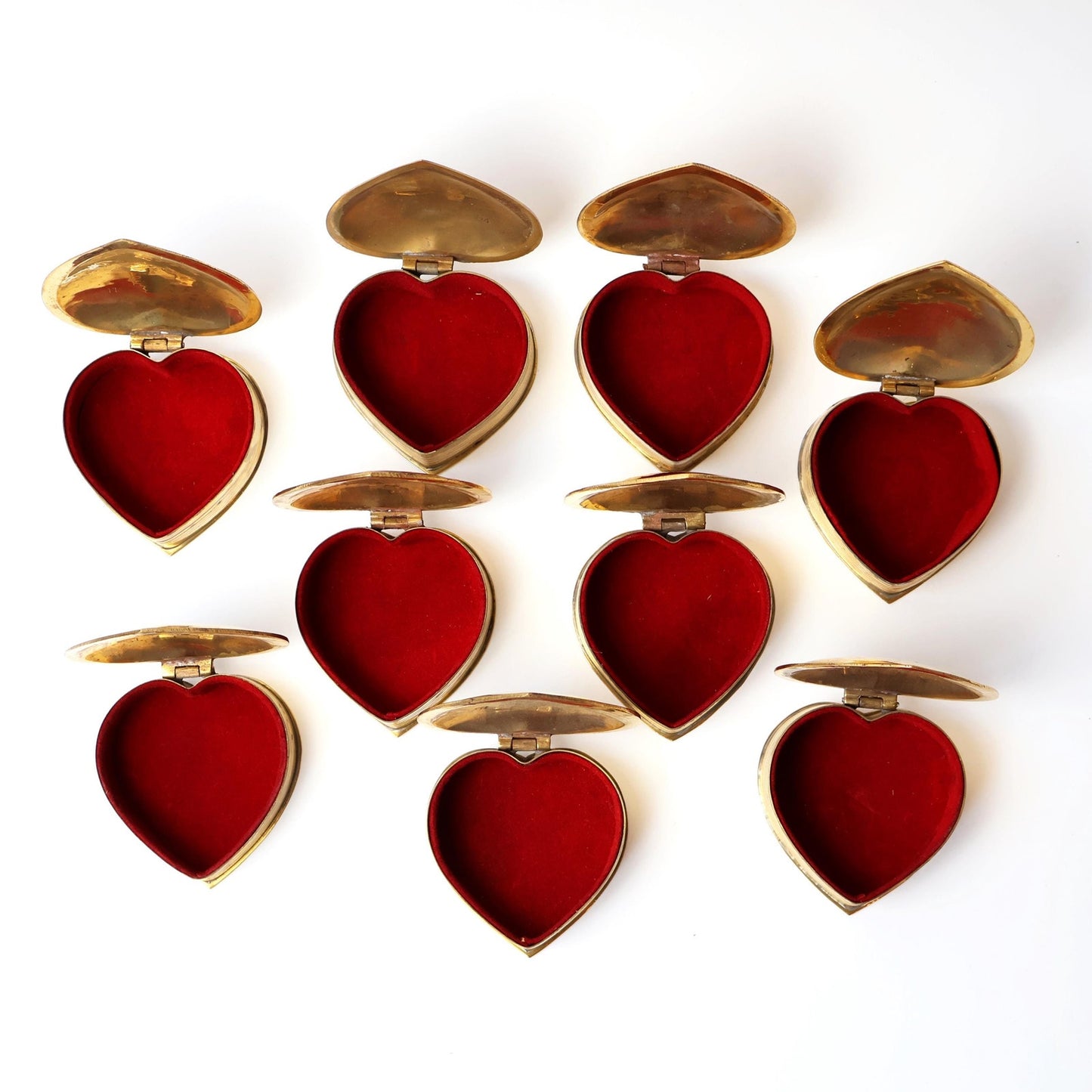 Vintage Brass Hearts with Red Velvet Lining