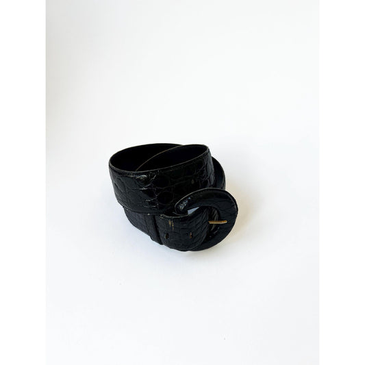 Vintage Black Genuine Leather Alligator Texture Belt