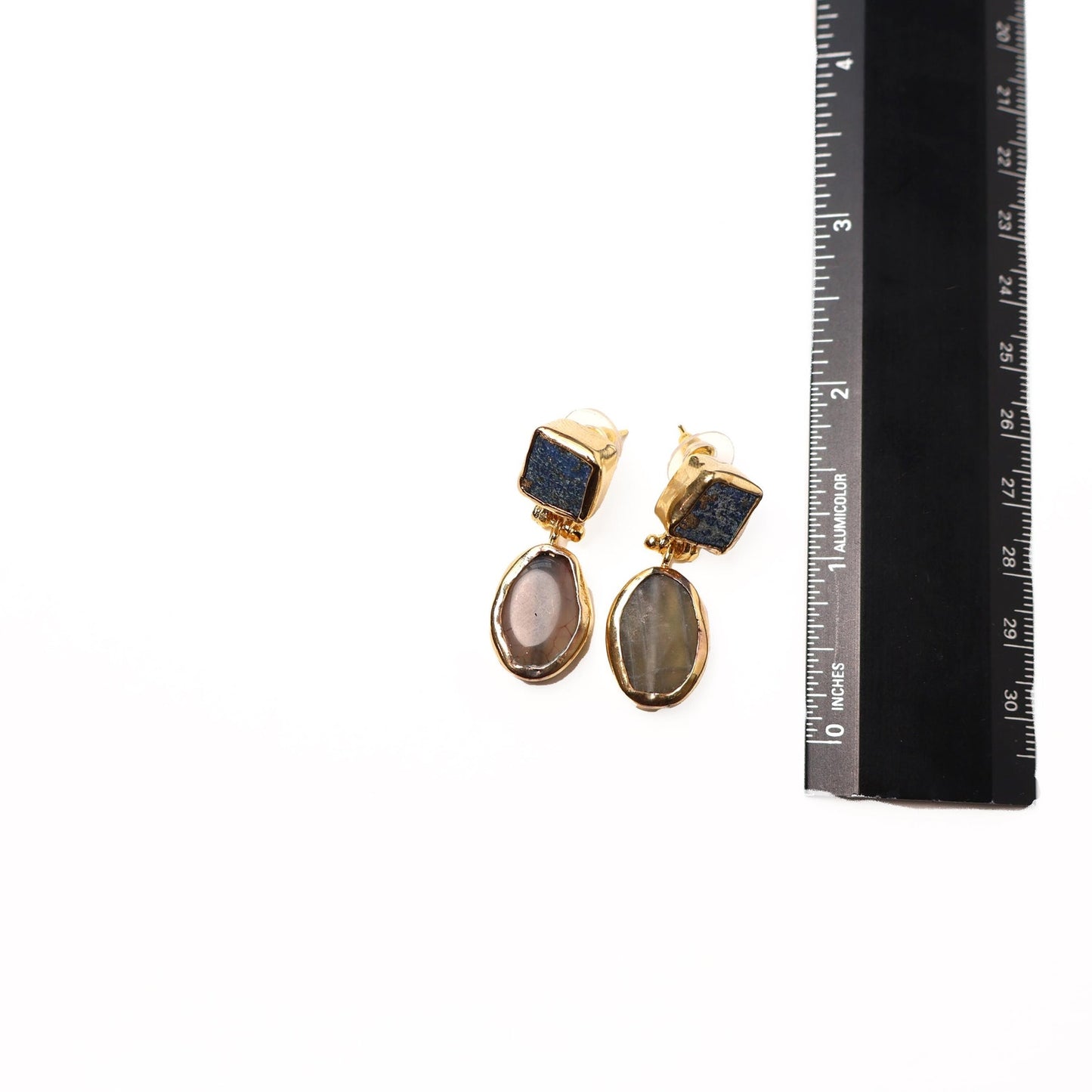 Eclectic Inventory Gold Toned Natural Stone Drop Earrings | Smokey Quartz and Lapis Style