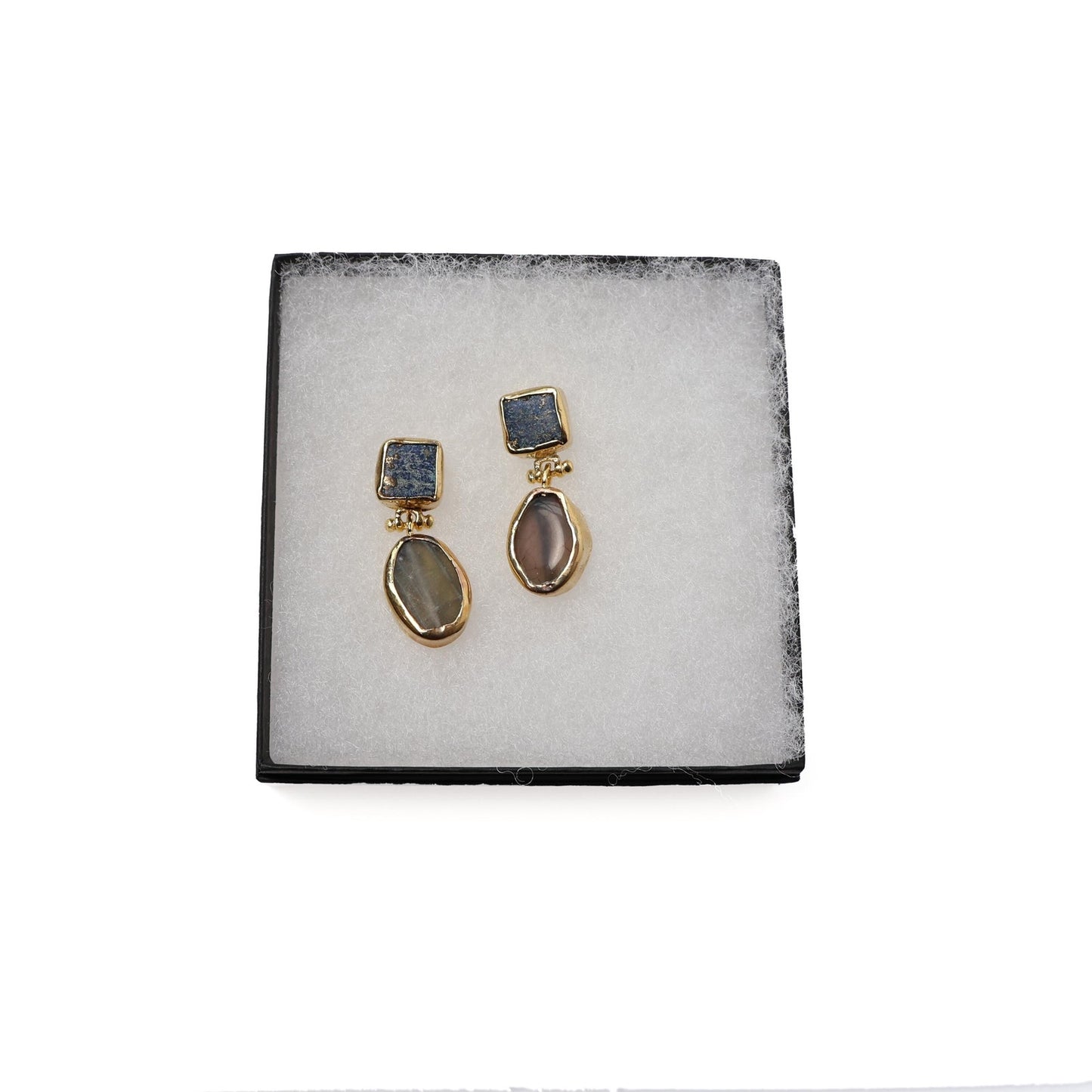 Eclectic Inventory Gold Toned Natural Stone Drop Earrings | Smokey Quartz and Lapis Style