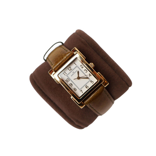 Vintage Gold Tone White Square Face Watch with Leather Band | ANNE KLEIN