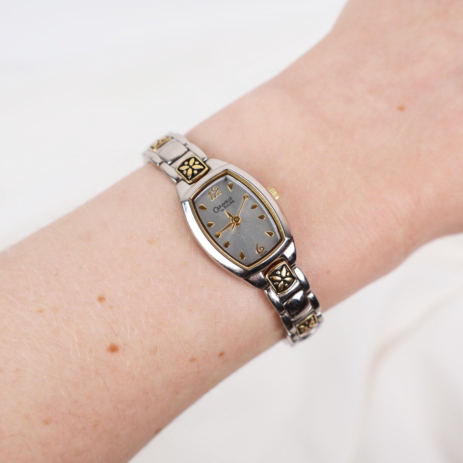 Vintage Two Tone Caravelle by Bulova Watch with Floral Details