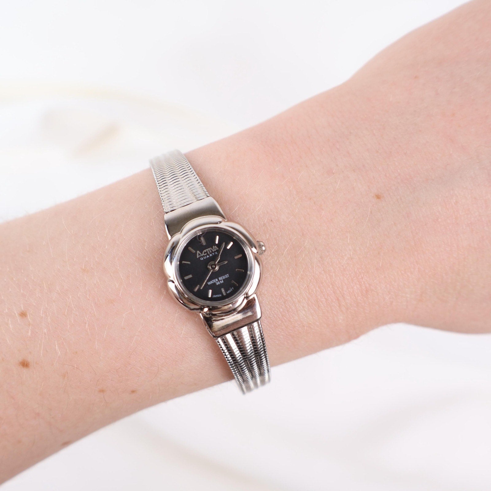Vintage Activa Silver Tone Quartz Watch with Flower Face