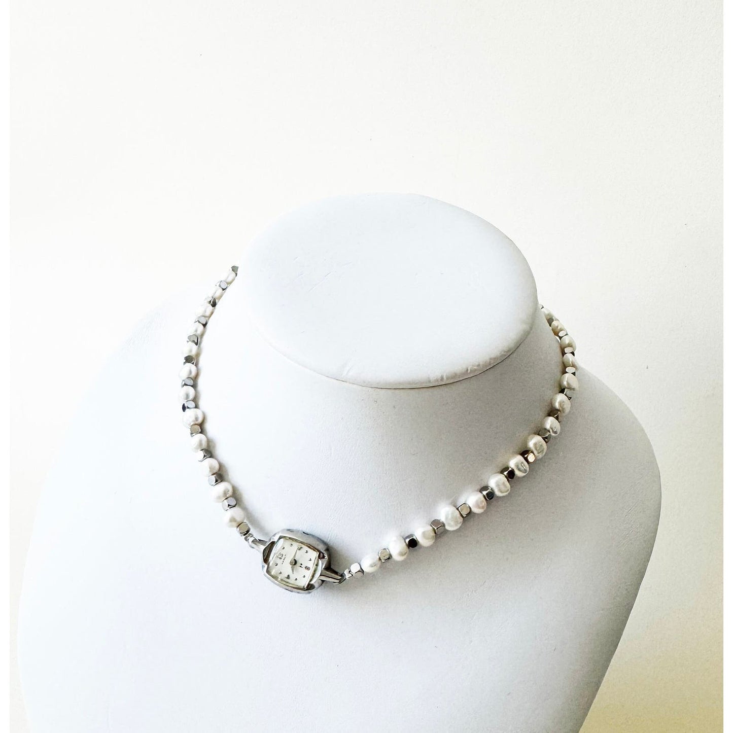 Watch Necklace | Vintage One of a Kind Pearl Watch Choker 10K White Gold Face