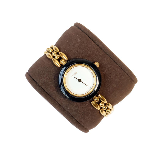 Vintage Gold Toned Watch with White Face and Black Bezel | GUCCI