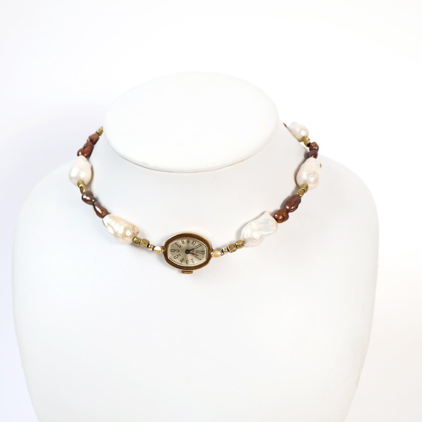Reworked Brown and Baroque Pearl Choker Necklace with Vintage watch Face (Nonworking) | TIMEX