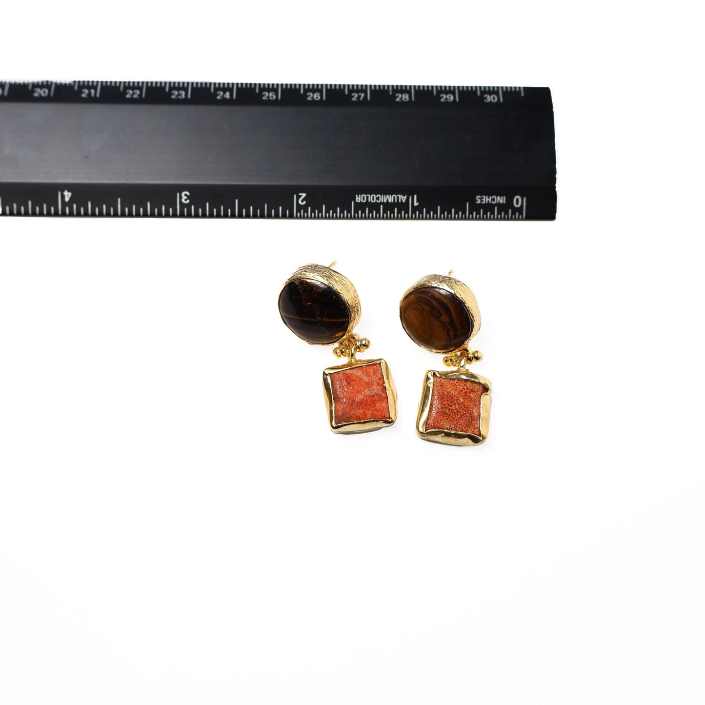 Eclectic Inventory Gold Toned Natural Stone Earrings with Pearl Drop | Tigers Eye and Coral Style