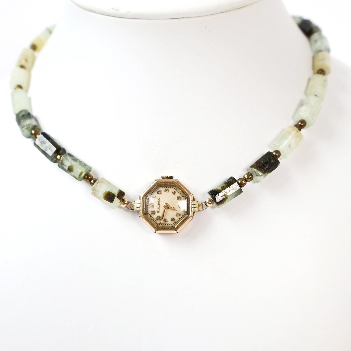 Reworked Prehnite Choker Necklace with Vintage Watch Face (Nonworking) | BULOVA