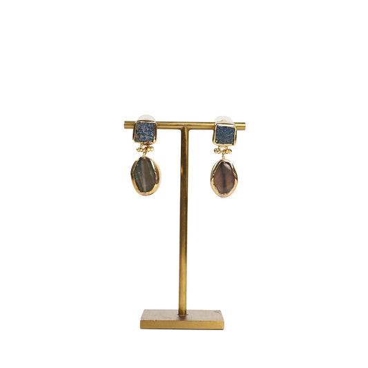 Eclectic Inventory Gold Toned Natural Stone Drop Earrings | Smokey Quartz and Lapis Style