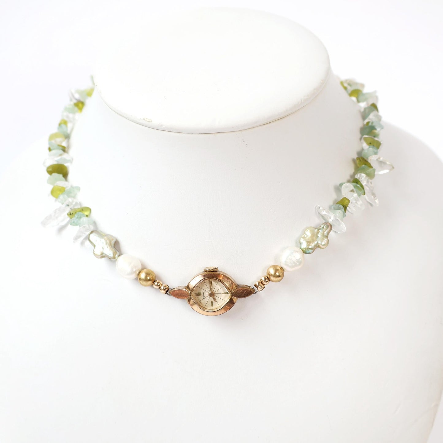 Reworked Gemstone and Freshwater Pearl Choker Necklace with Vintage Watch Face (Nonworking) | BENRUS
